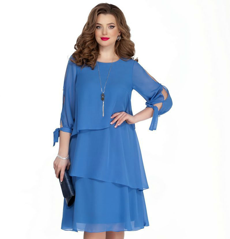 Многоярусное шифоновое платье с завязками на рукавах, голубое