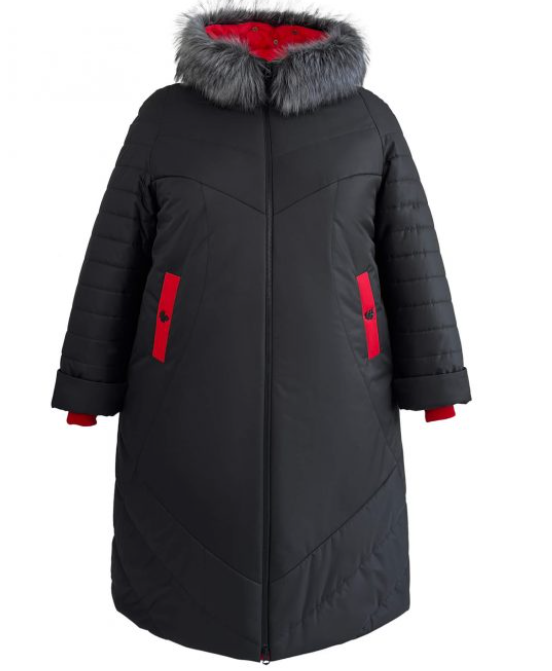 Зимнее пальто с фигурной стежкой и красной отделкой, черное