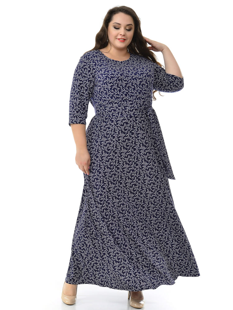 Длинное платье с укороченным рукавом и поясом, темно-синее
