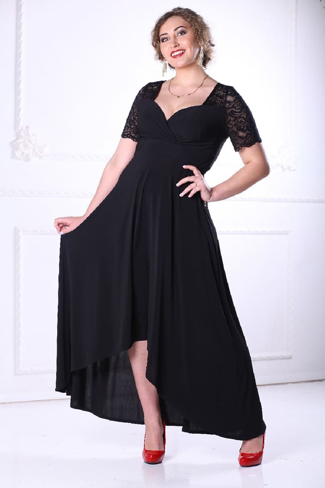 Длинное расклешенное платье с перепадом длины, черное