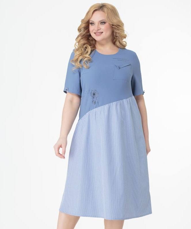 Свободное комбинированное платье с косым подрезом, голубое