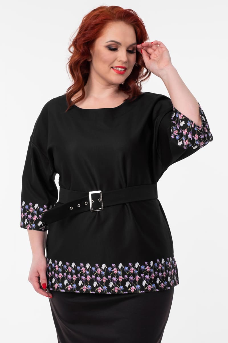 Трикотажная блузка с купонным рисунком и поясом, черная