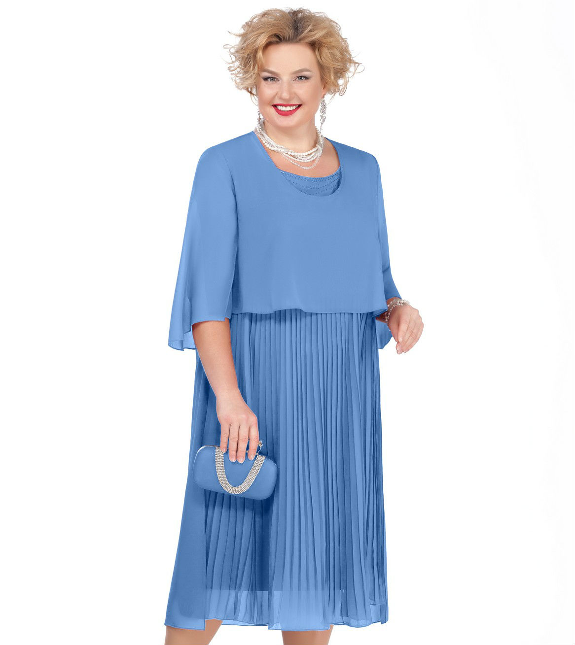 Двухслойное платье на подкладке с плиссированной юбкой, синее