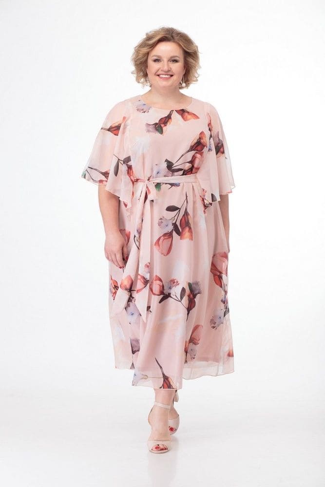 Свободное платье с рукавом-пелериной и поясом, розовое