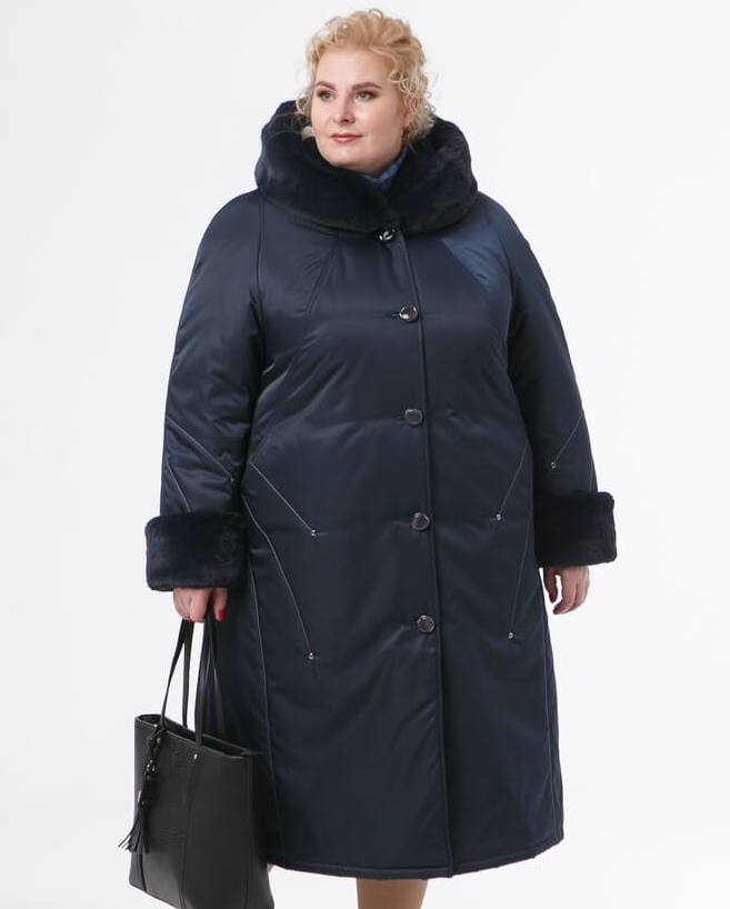 Зимнее пальто с отделочными строчками, темно-синее