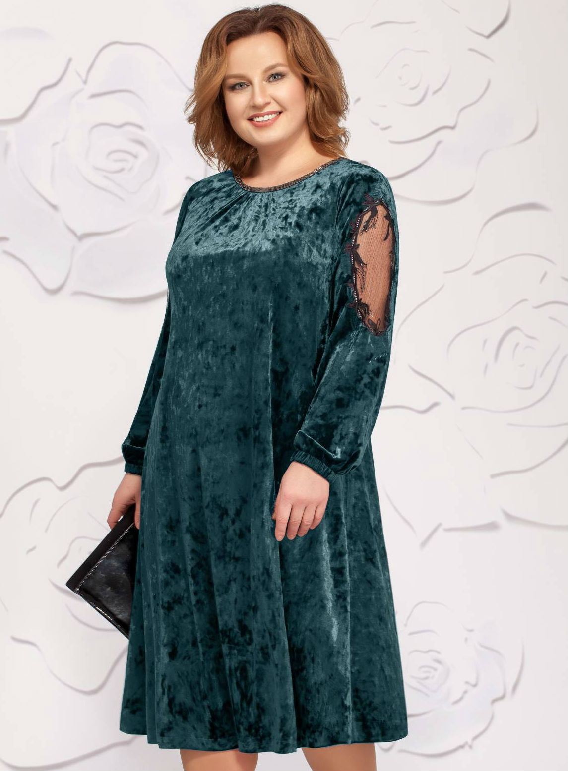Свободное велюровое платье с вышивкой на сетке, зеленое