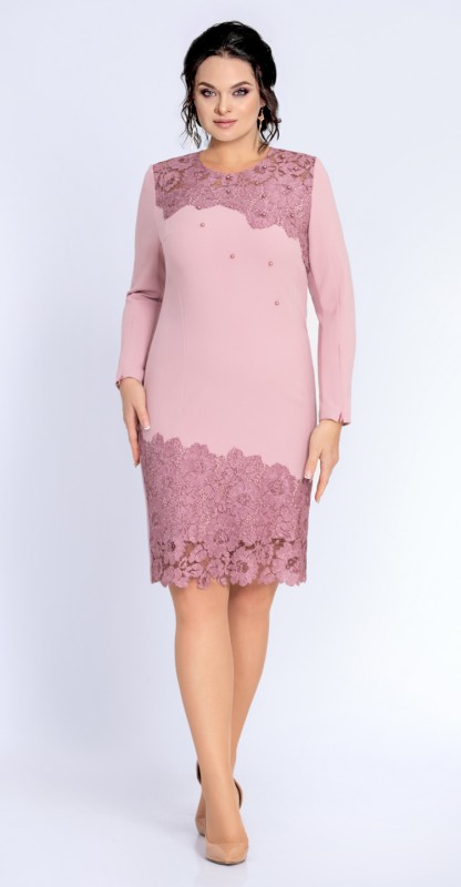 Однотонное платье с кружевной отделкой и бусинами, розовое