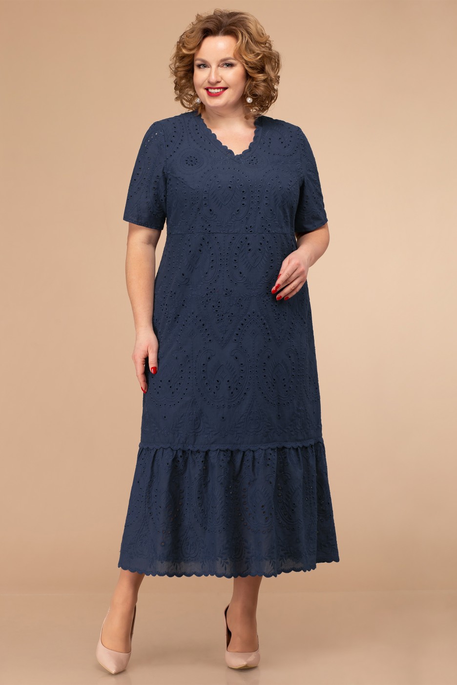 Повседневное платье с воланом на сборке, темно-синее
