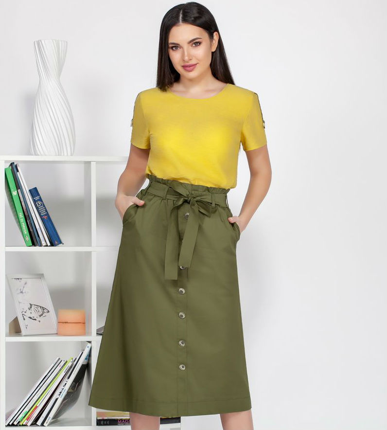 Комплект из юбки с имитацией застежки и блузки, желтый