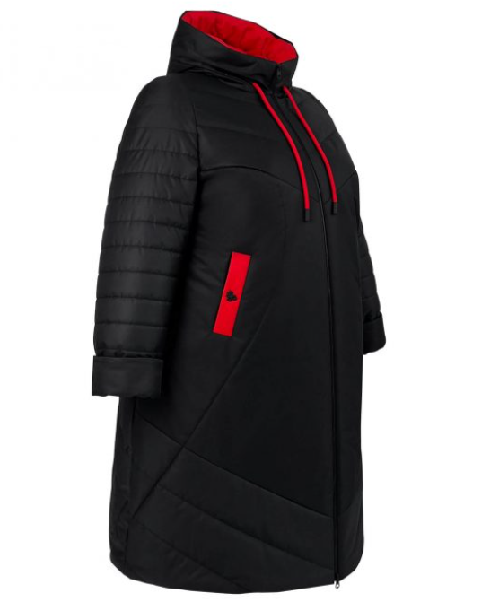 Демисезонное пальто с красной отделкой и капюшоном, черное