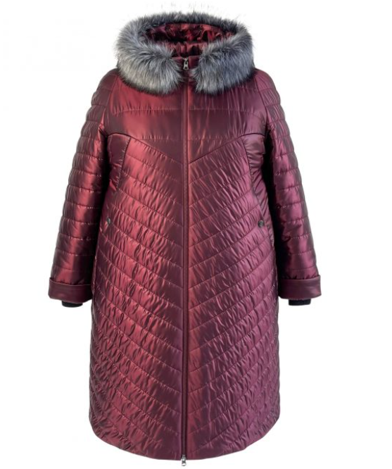Стеганое пальто с эко-мехом на капюшоне, бордо