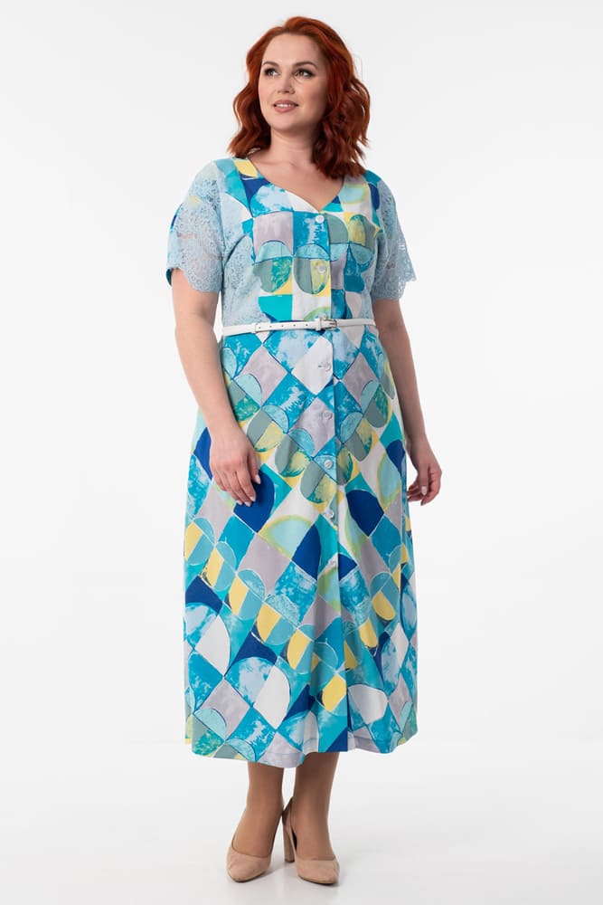 Длинное платье с коротким кружевным рукавом, голубое