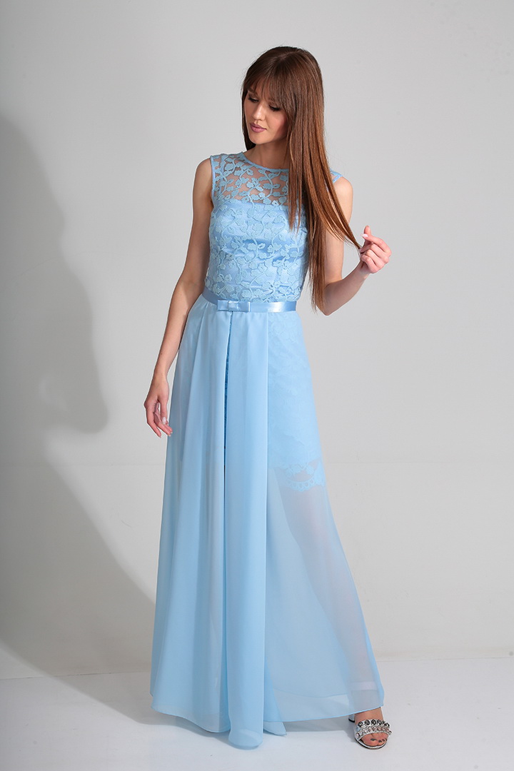 Кружевное платье со съемной длинной юбкой, голубое
