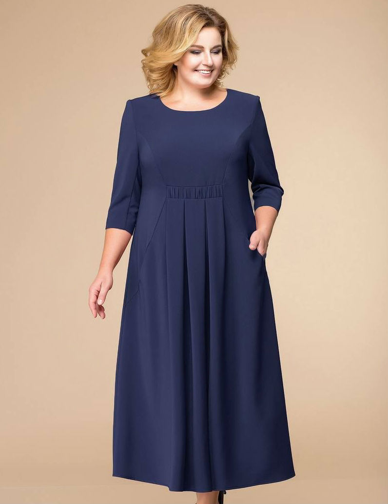 Расклешенное платье с бантовыми складками и карманами, темно-синее