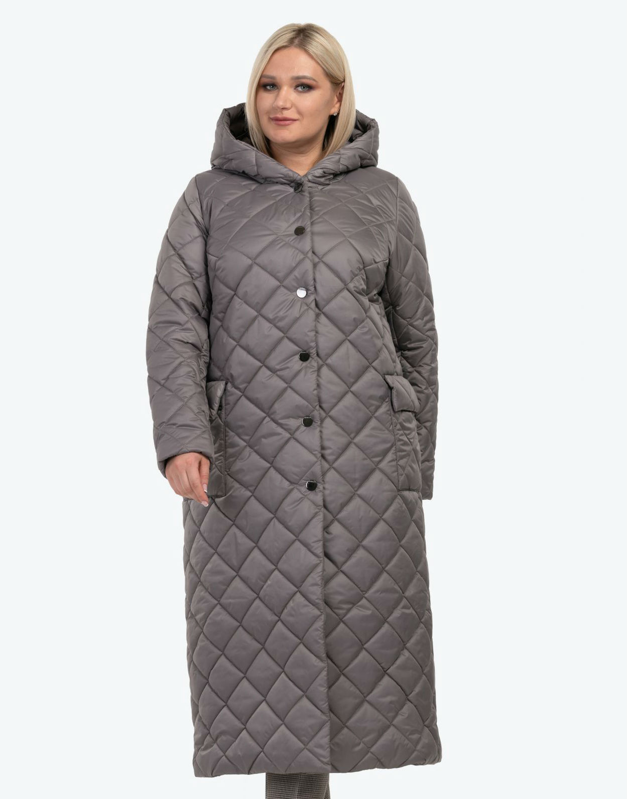 Длинное стеганое пальто с накладными карманами, капучино