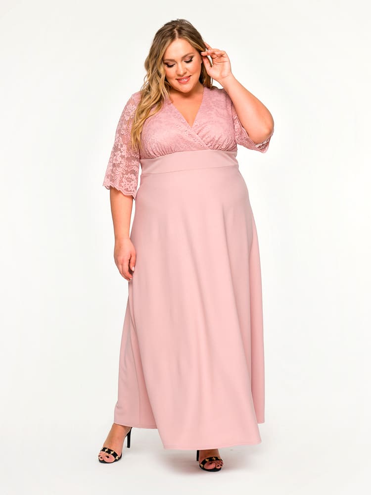 Вечернее платье с кружевными укороченными рукавами, розовое