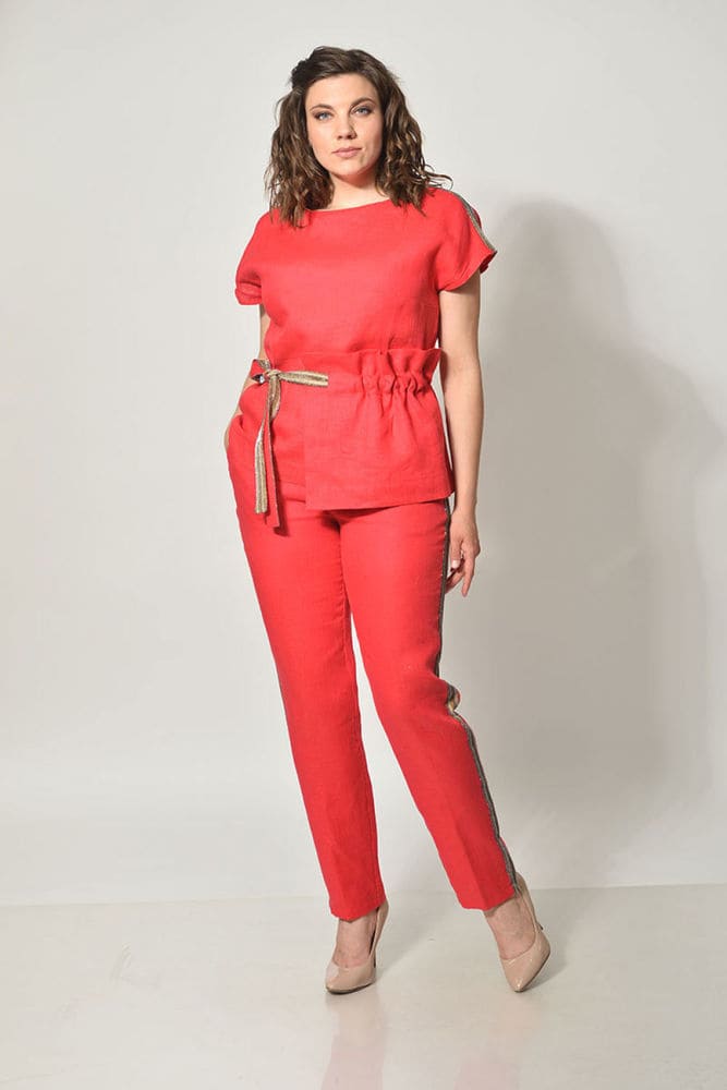 Льняной комплект из брюк и блузона с декором, красный