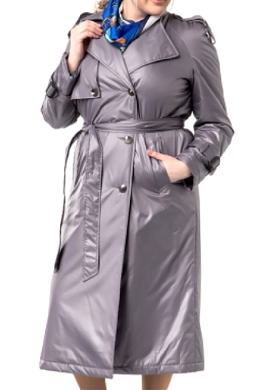 Двубортное пальто с длинным поясом, серое