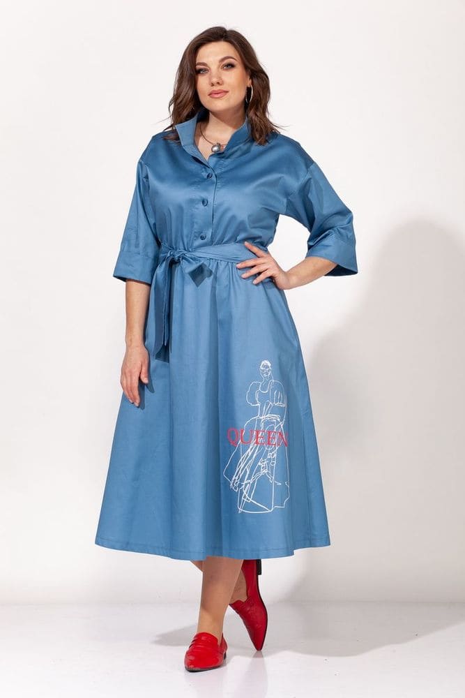 Длинное платье с печатью и поясом, синее