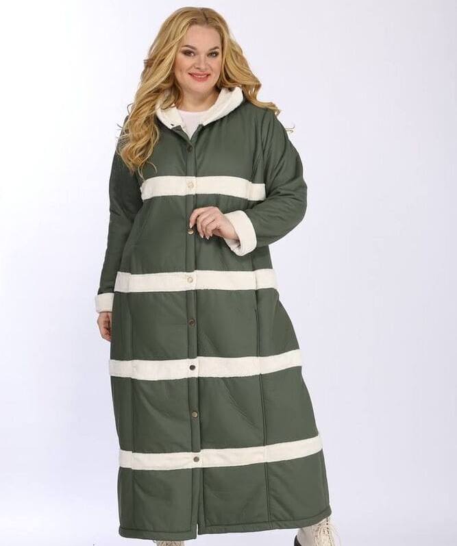 Длинное пальто с меховой изнанкой и отделкой, зеленое