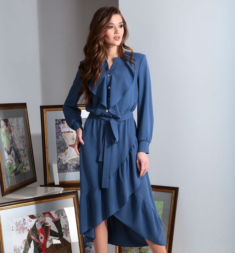 Платье с фигурным низом и воланами, синее