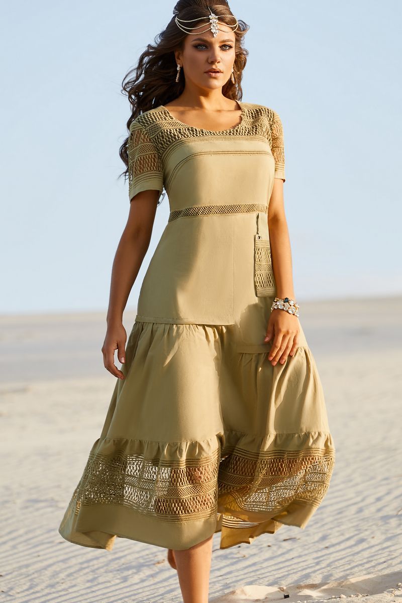 Длинное хлопковое платье с имитацией кармана, олива