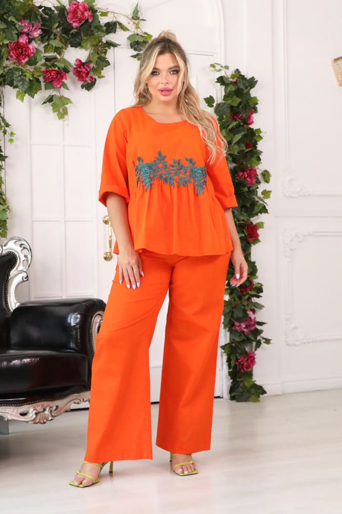 Комплект из брюк и блузки с аппликацией, оранжевый