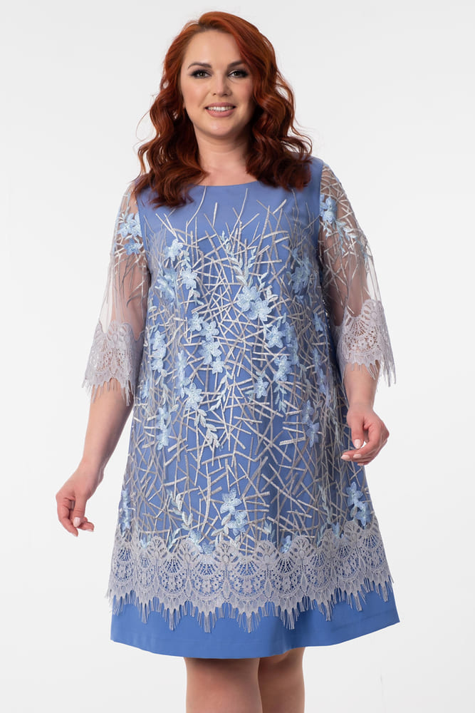 Свободное комбинированное платье, голубое