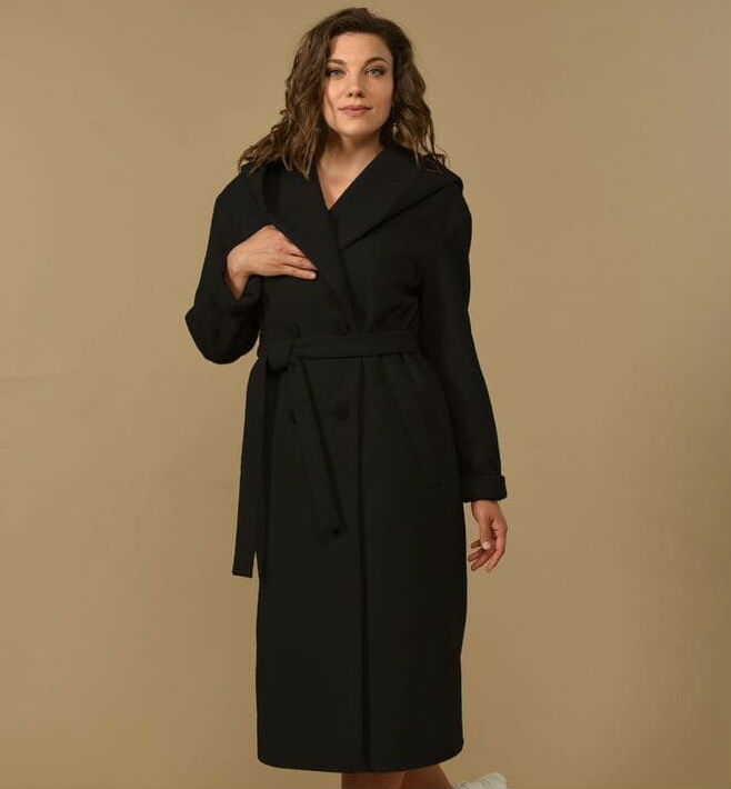Двубортное пальто с поясом, черное