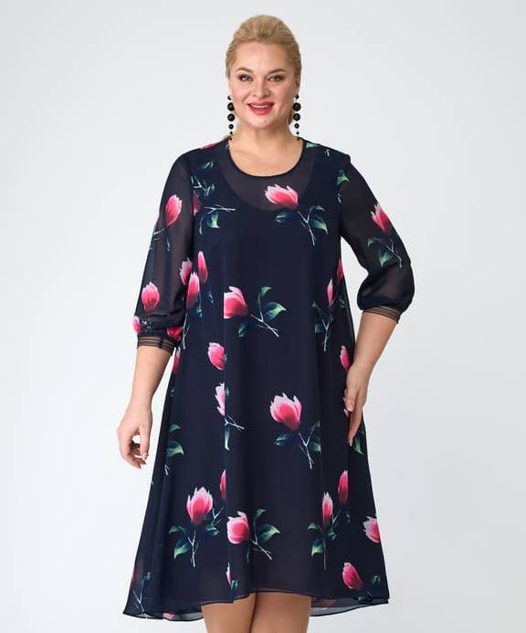 Свободное шифоновое платье с цветочным принтом, яркие цветы