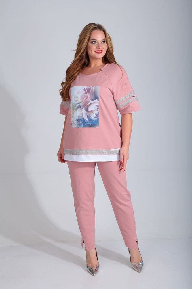 Комплект из брюк и блузона с декором, розовый