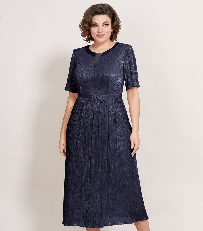 Плиссированное платье с сеткой на горловине, темно-синее