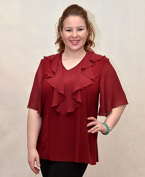 Блуза с укороченным рукавом и шифоновым декором, бордо