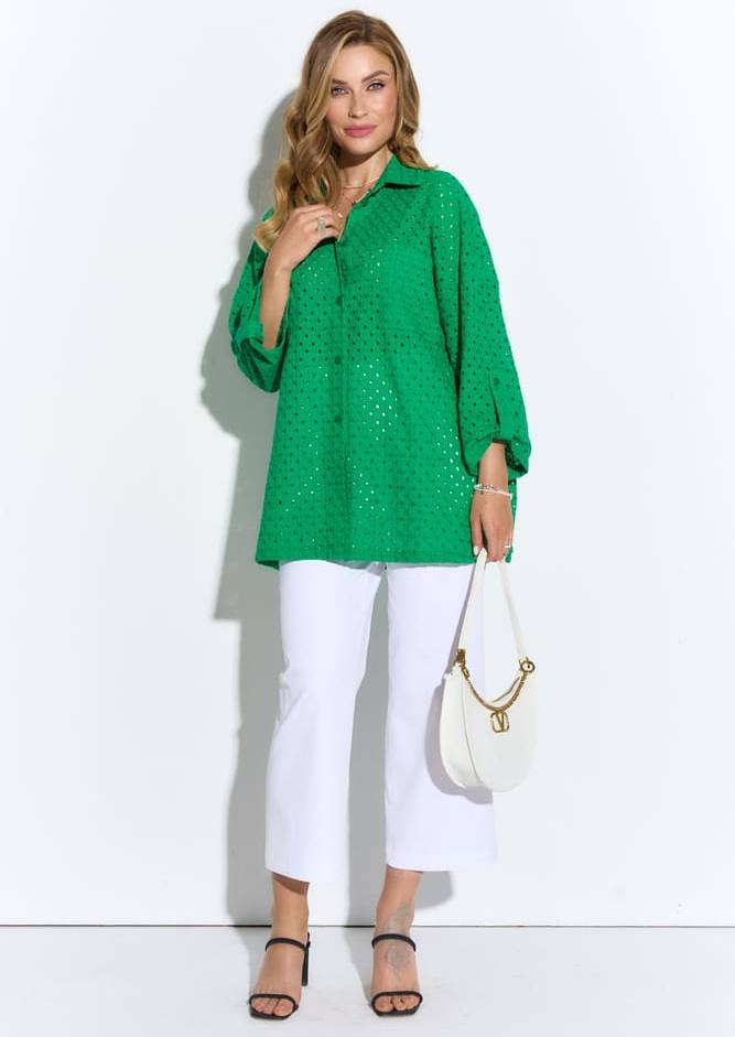 Комплект из укороченных джинс и легкой рубашки, белый с зеленым