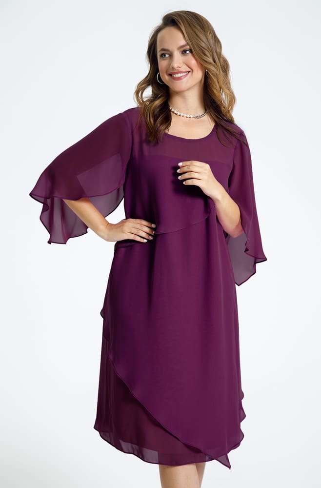 Многоярусное шифоновое платье с брошью, фиолетовое