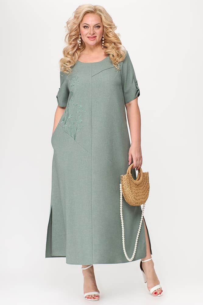 Длинное платье с цветочной вышивкой в тон, серо-зеленое