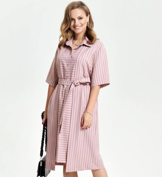 Платье-рубашка в полоску с поясом, розовое