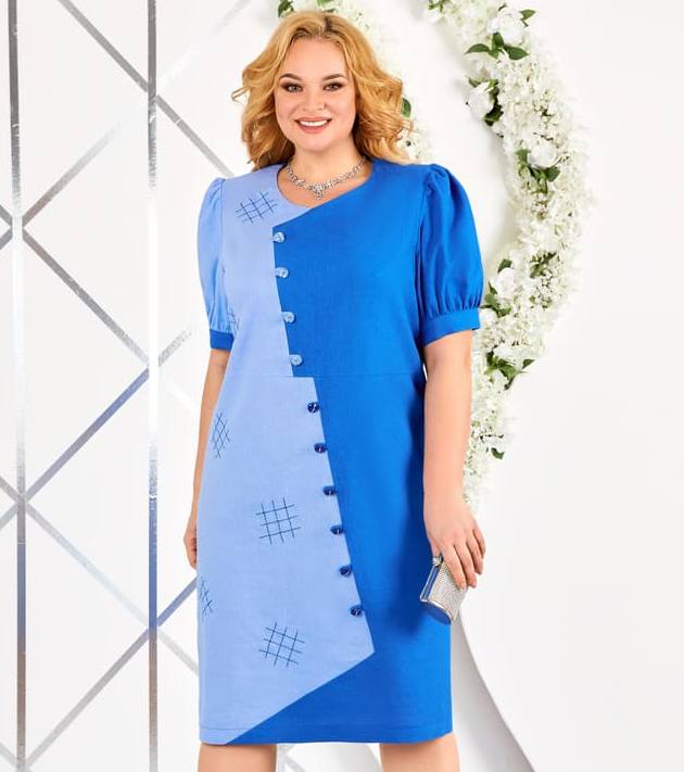 Асимметричное платье с декоративными пуговицами, василек с голубым