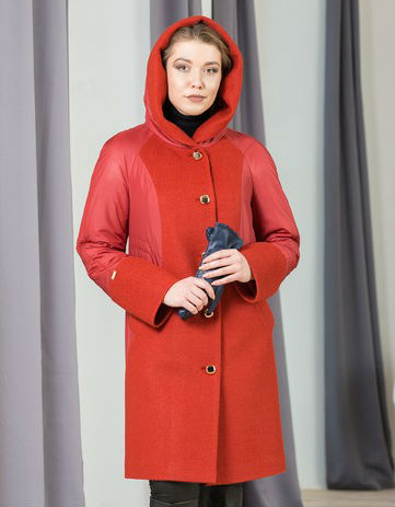 Комбинированное демисезонное пальто с капюшоном, терракот