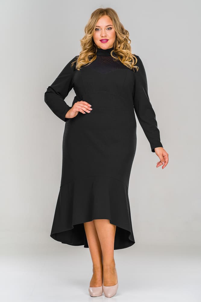 Платье с асимметричным низом и кокеткой из сетки, черное