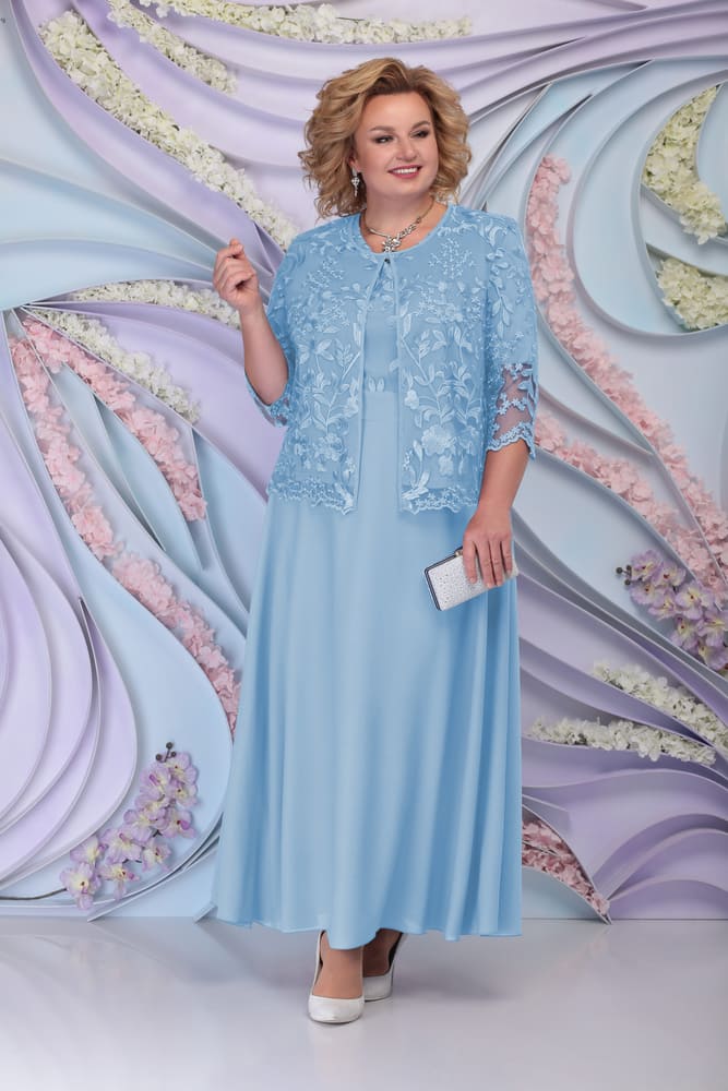 Комплект из длинного платья и кружевной блузки, голубой