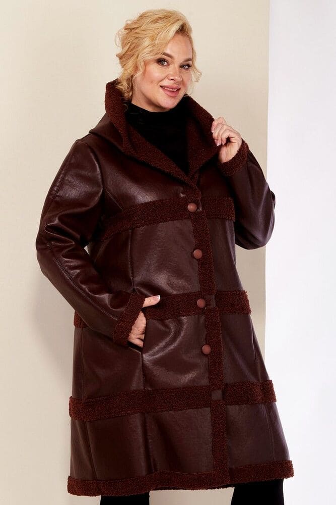 Кожаное пальто с поперечной отделкой и капюшоном, шоколад