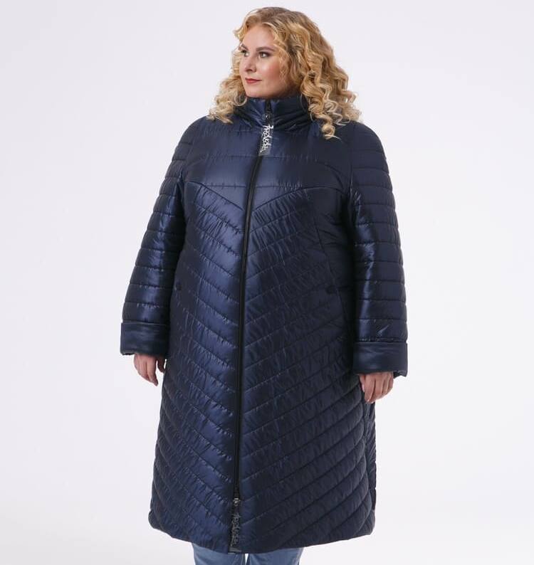Зимнее стеганое пальто с брендированными лентами, синее