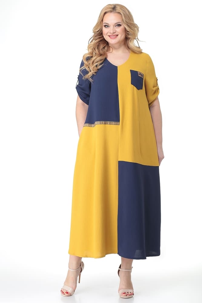 Длинное платье А-силуэта с карманом, синее с желтым