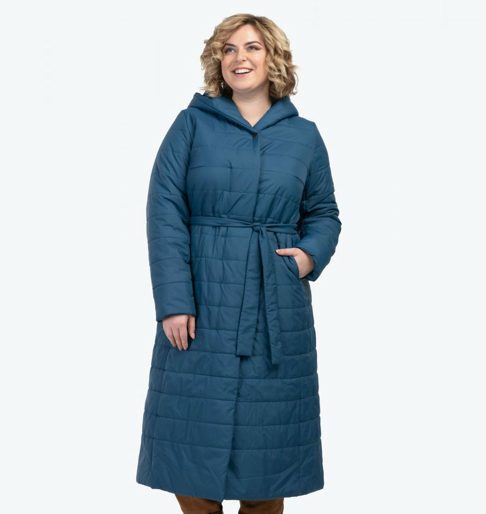 Длинное пальто с горизонтальной стежкой и поясом, синее