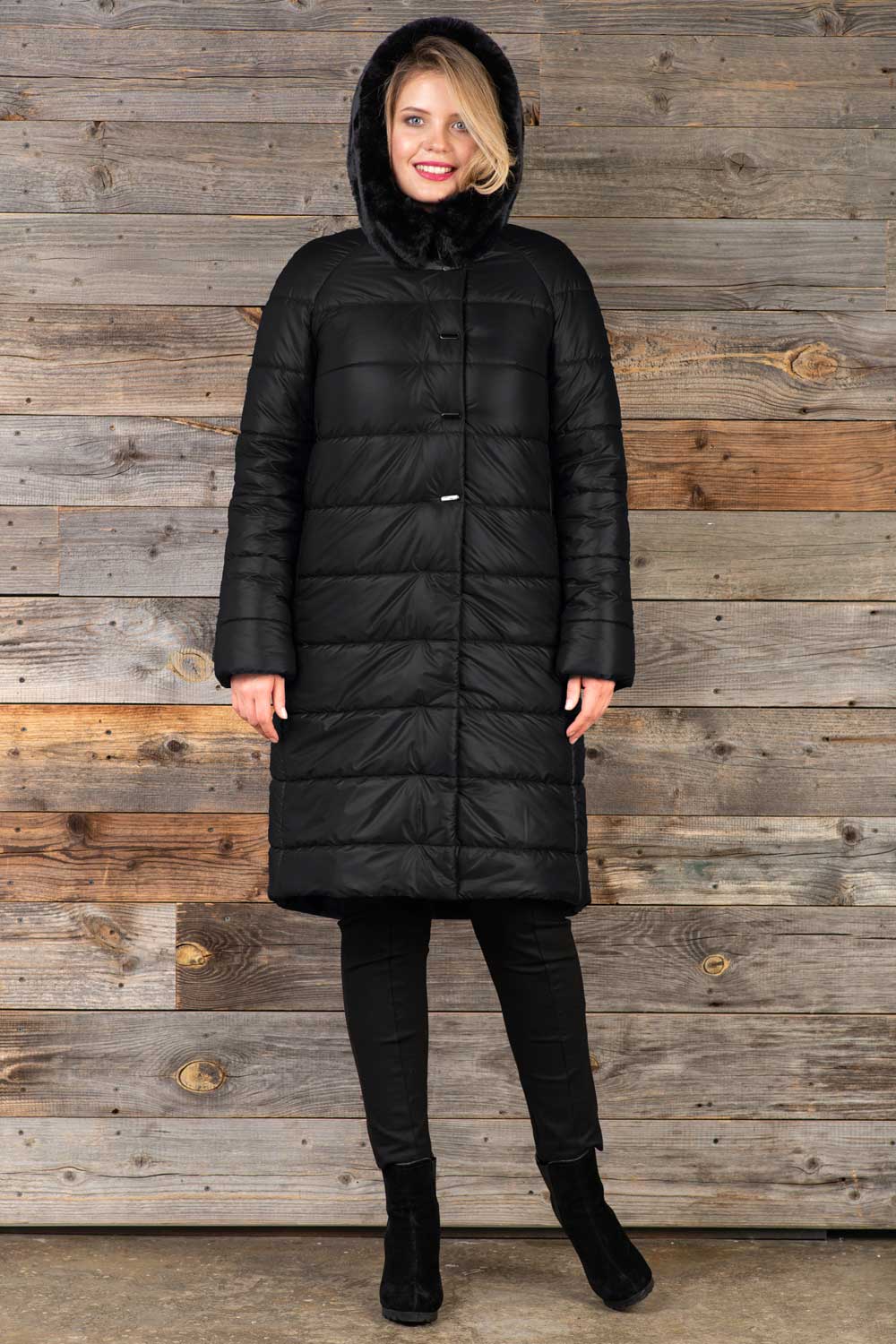 Приталенное пальто с капюшоном, черное