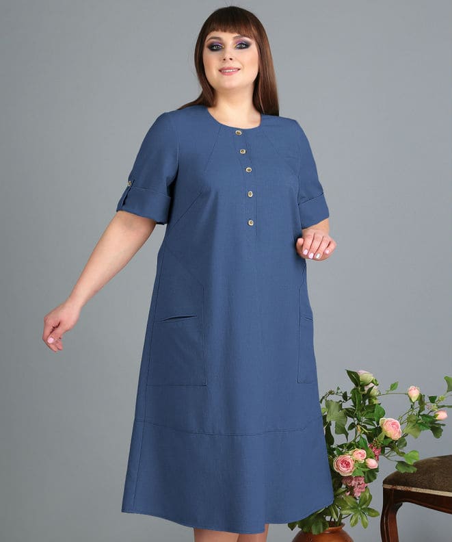 Однотонное платье с накладными карманами, синее