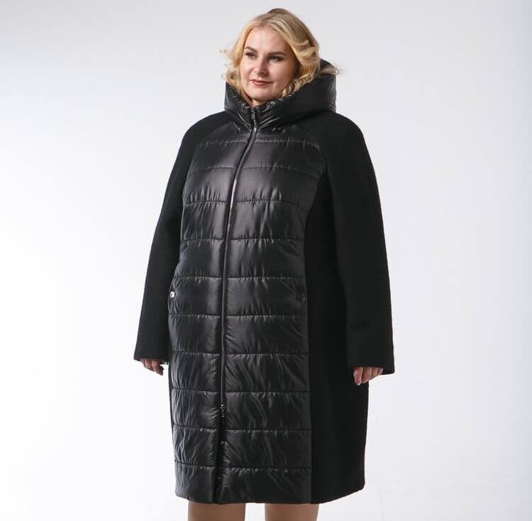 Комбинированное пальто с капюшоном на стойке, черное