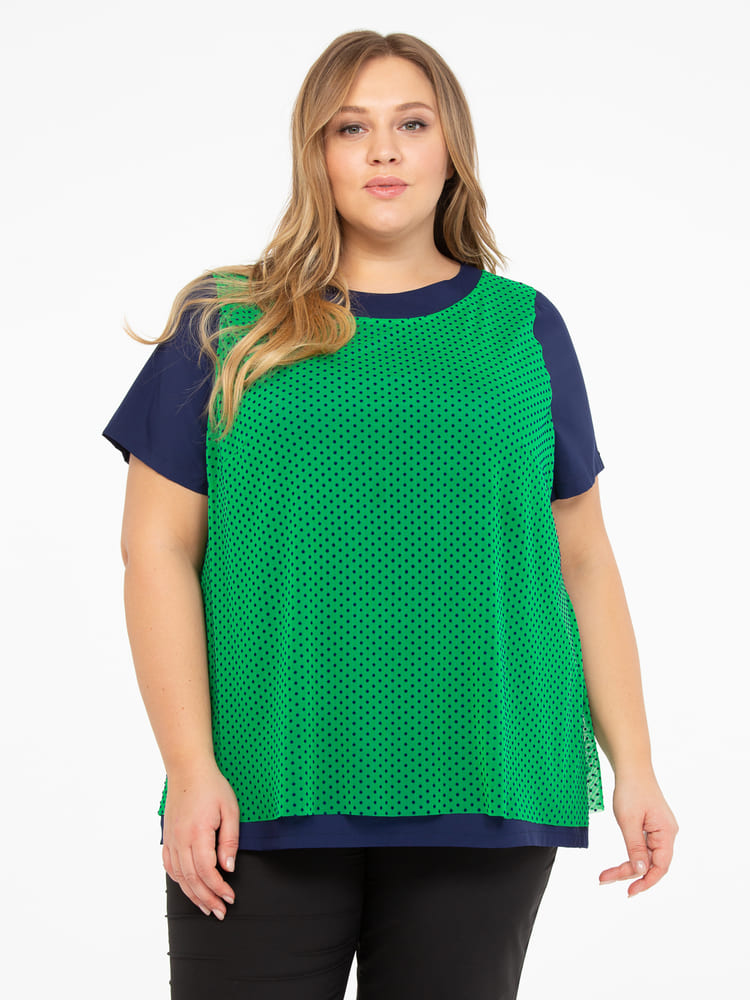 Свободная комбинированная блузка, синяя с зеленым