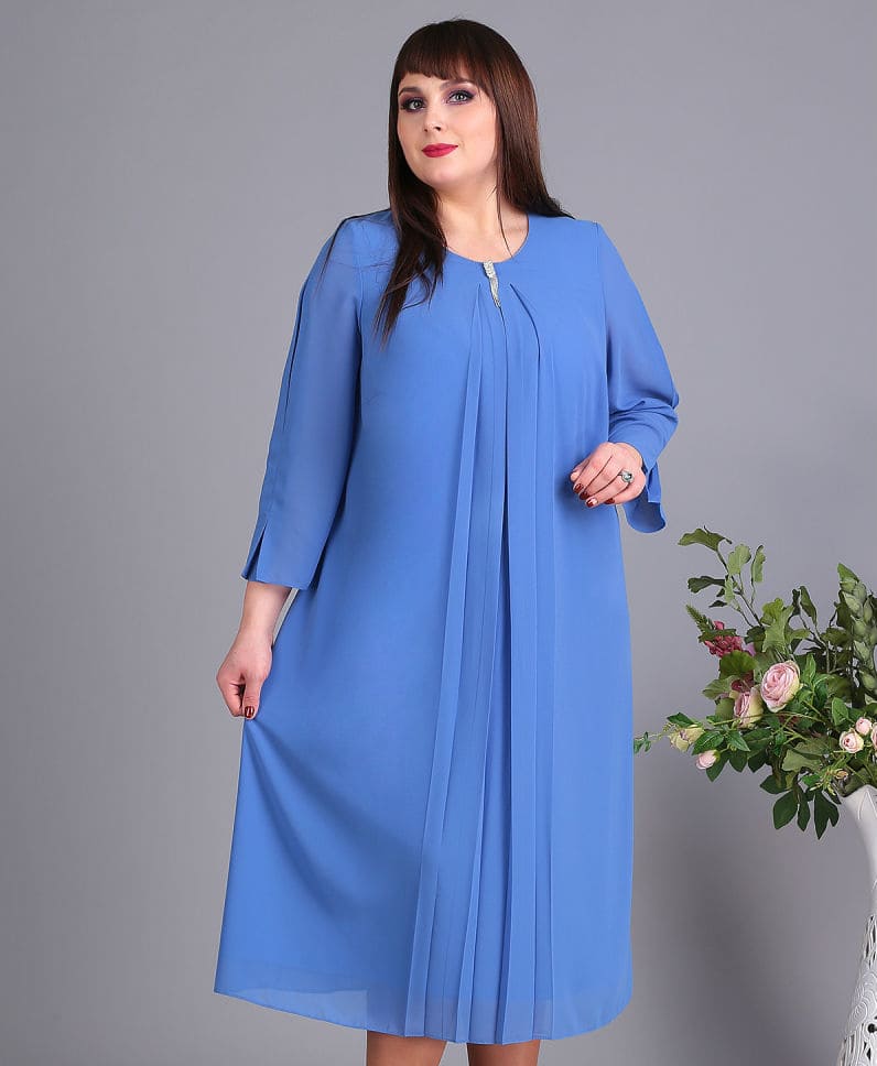 Свободное платье с декоративными складками спереди, голубое
